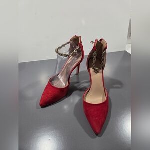 BCBG Lipstick Red Suede Heels With Chain Ankle Detail